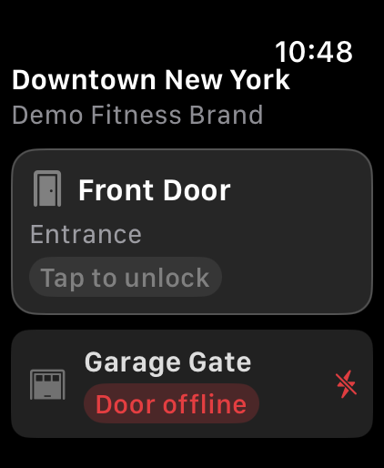 The watch door list with the primary door card and a second door showing Door offline