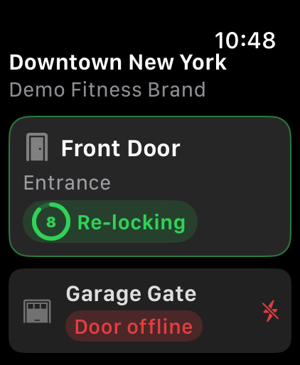 A door unlocked from the watch, showing the Re-locking countdown
