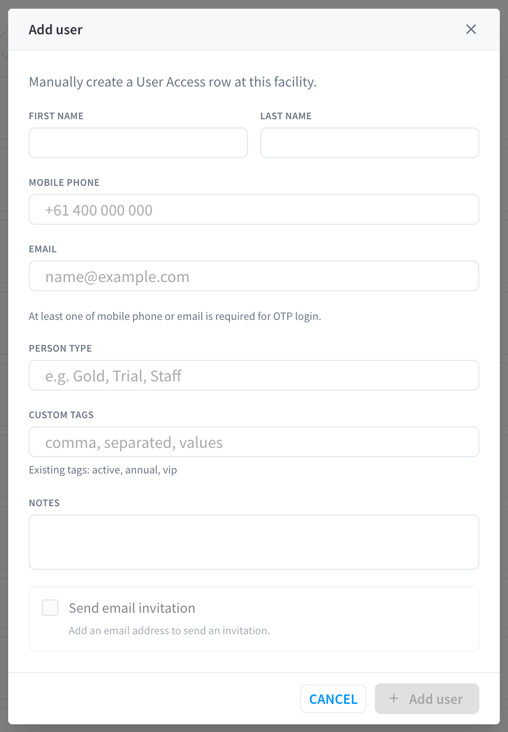 Add user dialog
