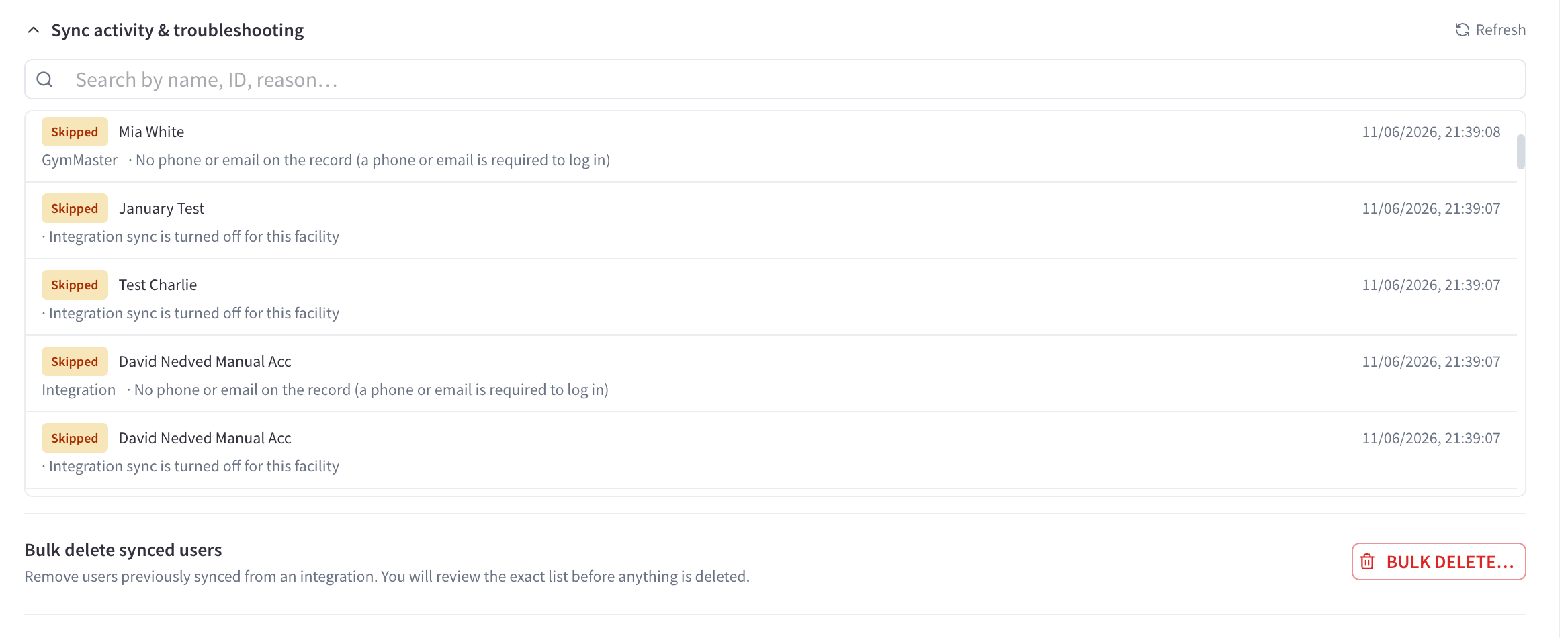 Sync activity log