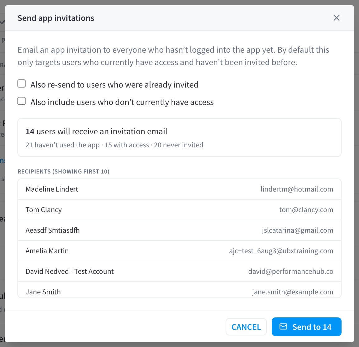 Bulk invite dialog