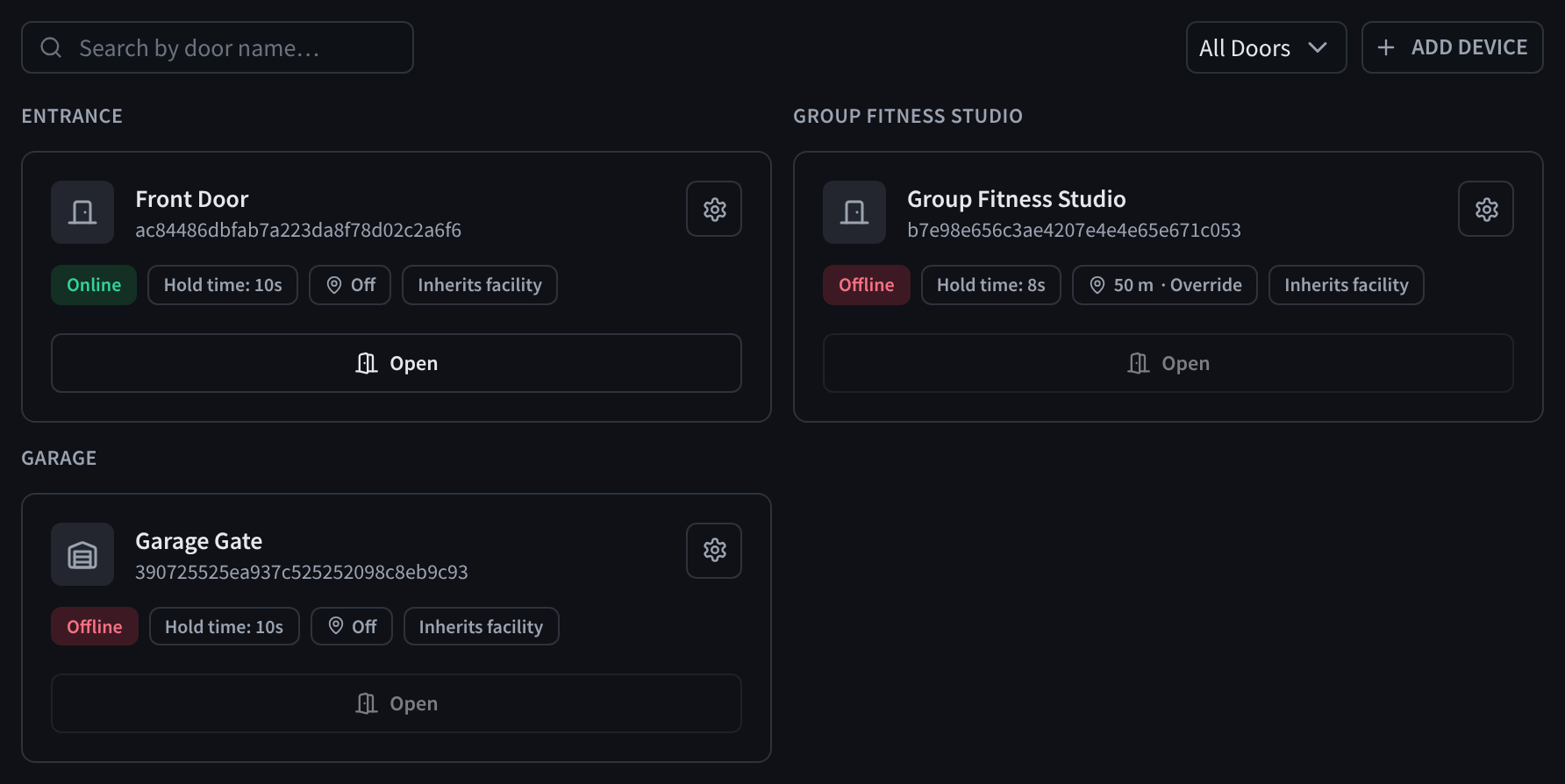 Door cards grouped by location, with status, hold time, geofence and policy chips