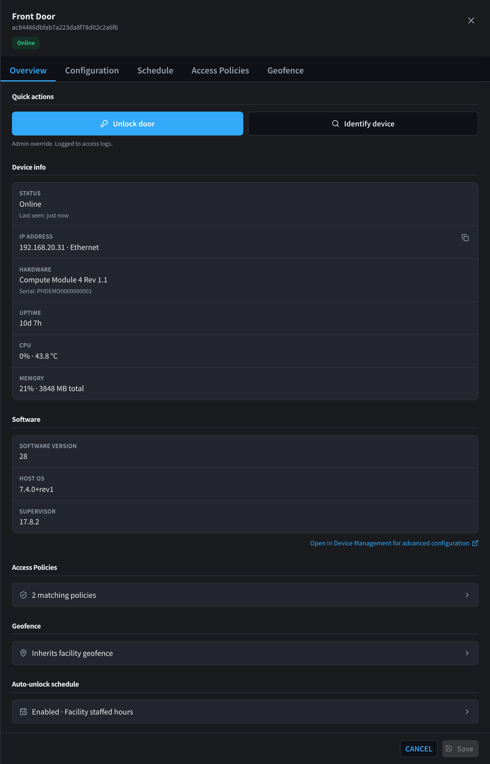 Door drawer Overview tab: quick actions, device info, software and summary cards