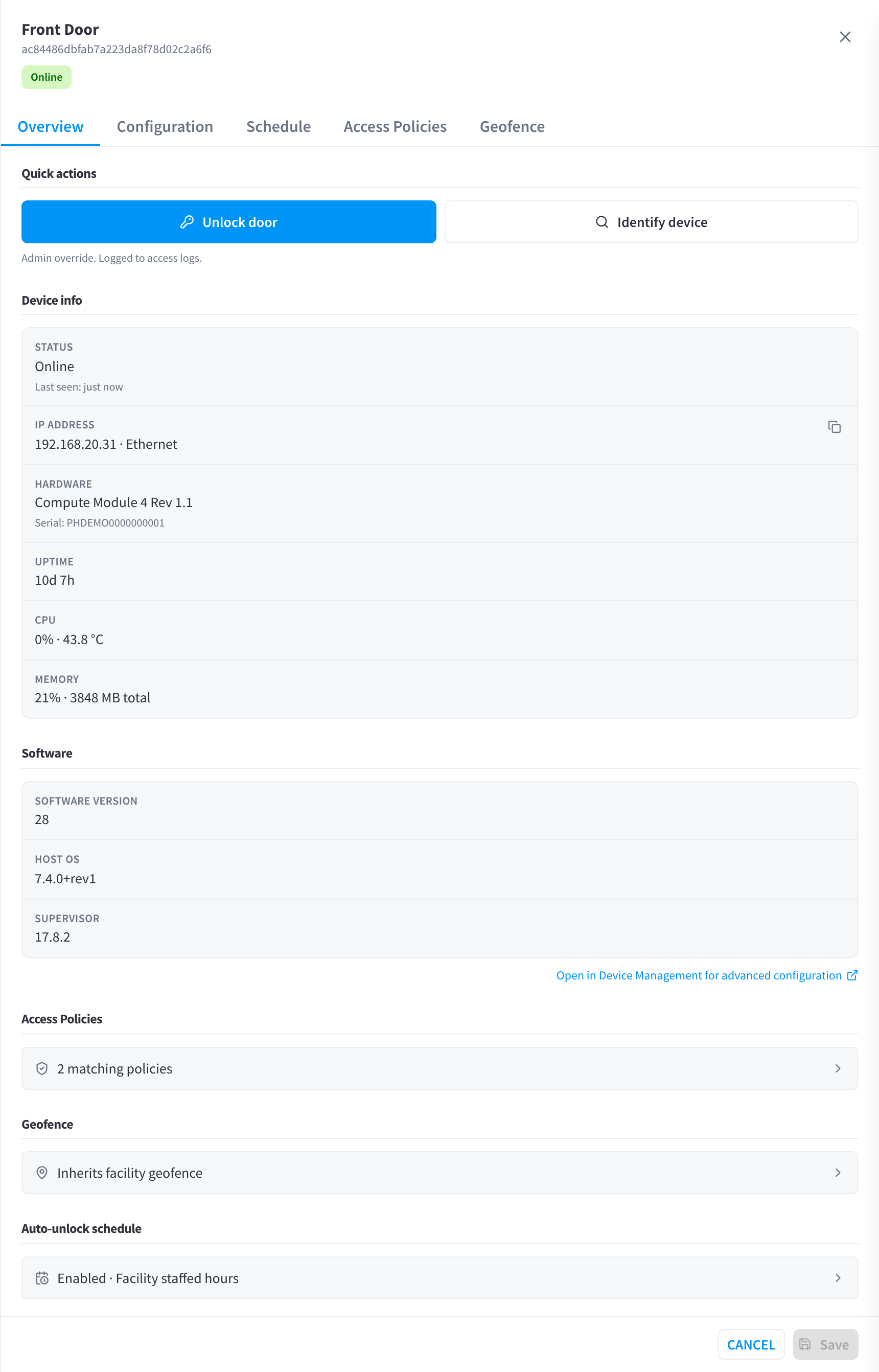 Door drawer Overview tab: quick actions, device info, software and summary cards