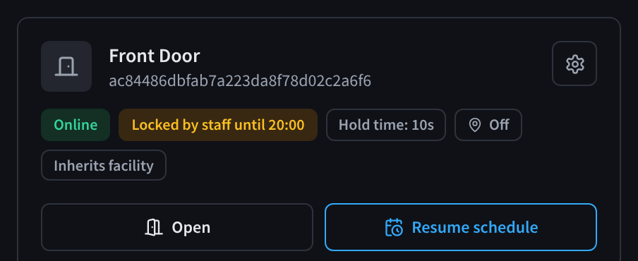 A door locked by staff: the schedule is paused until the next change, with Resume schedule