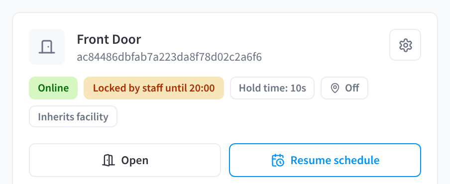 A door locked by staff: the schedule is paused until the next change, with Resume schedule