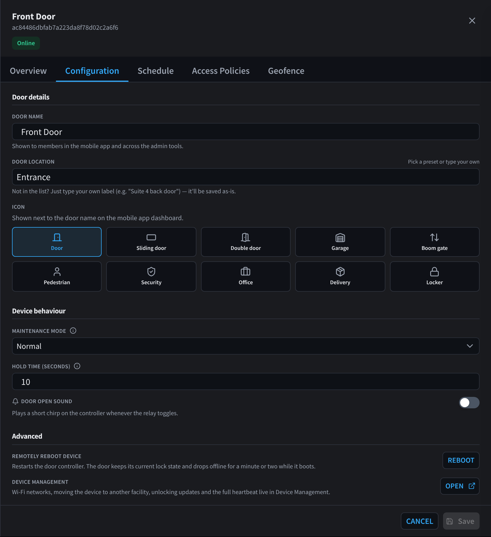 Configuration tab: door name, location and icon, device behaviour and Advanced