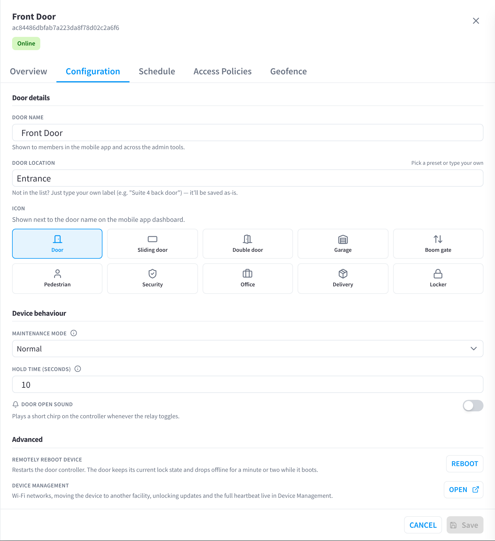 Configuration tab: door name, location and icon, device behaviour and Advanced