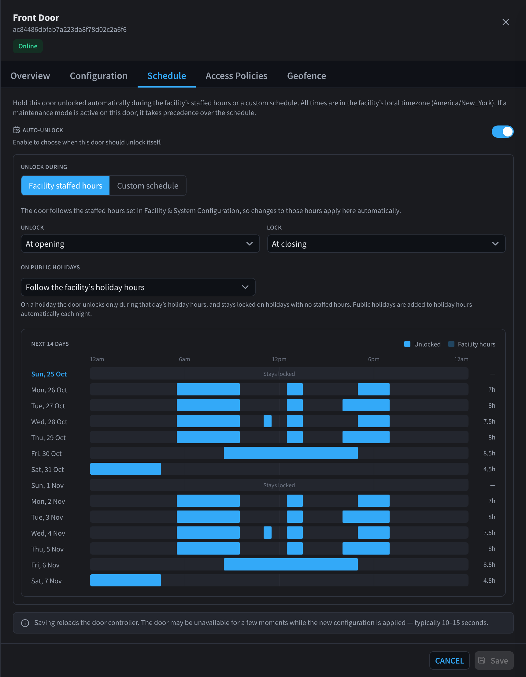 Schedule tab: auto-unlock during facility staffed hours, holiday handling and a 14-day preview