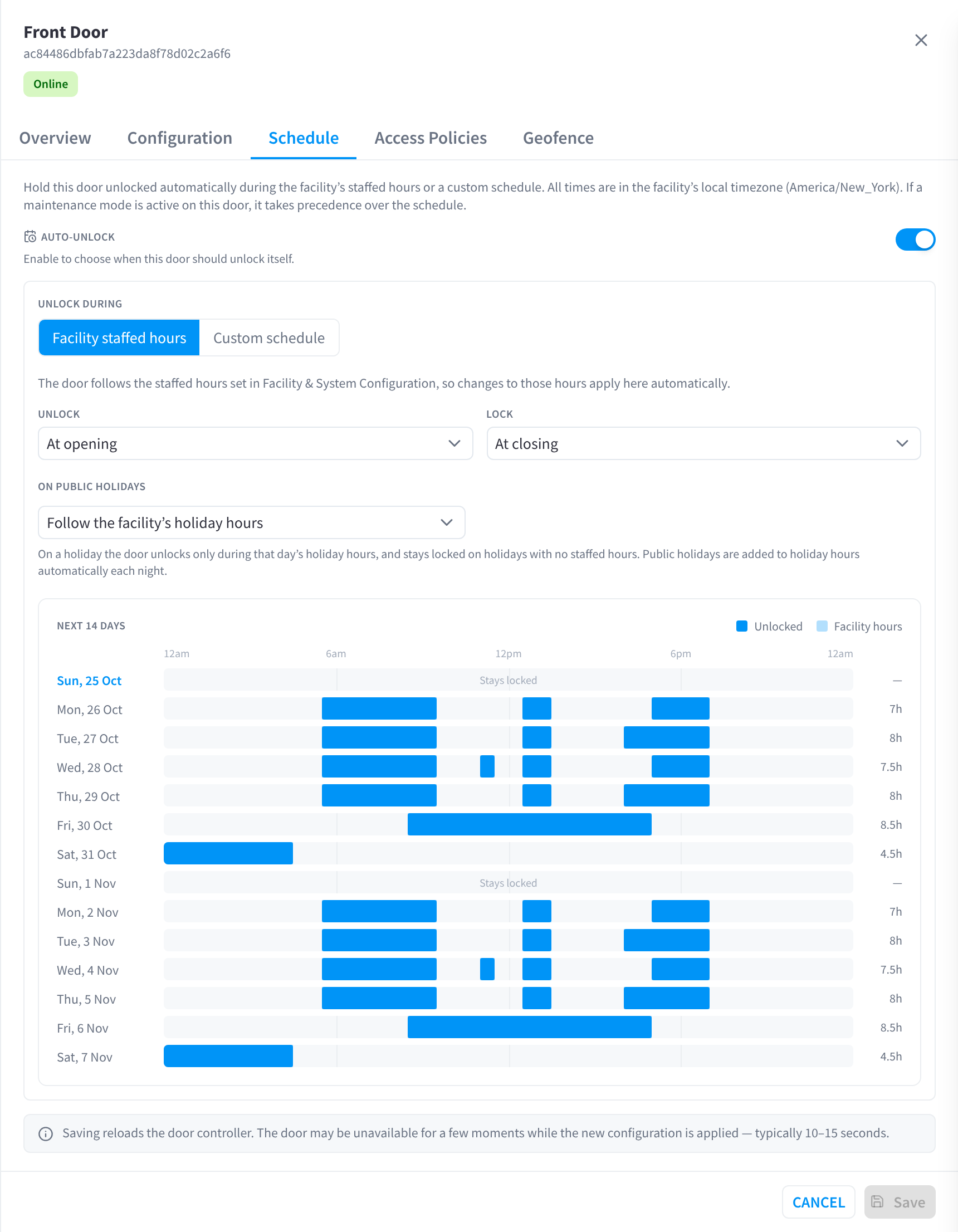 Schedule tab: auto-unlock during facility staffed hours, holiday handling and a 14-day preview
