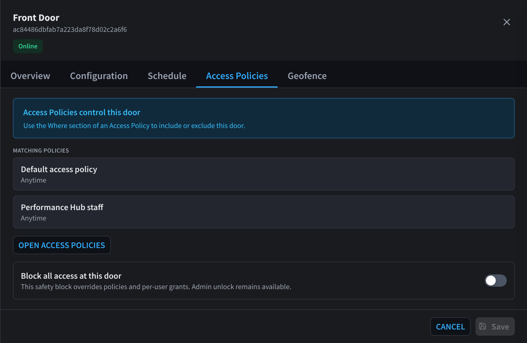 Access Policies tab: matching policies for this door and the Block all access safety block