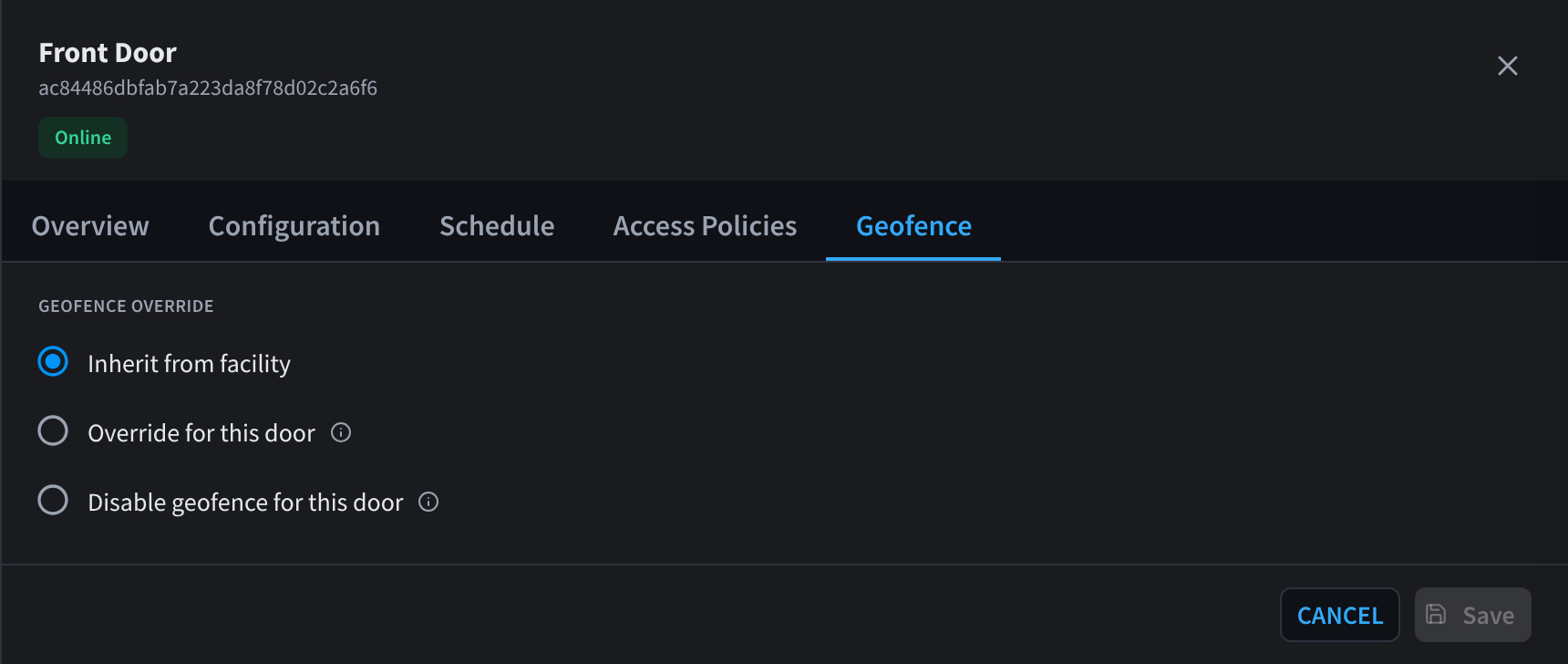 Geofence tab: inherit, override or disable the geofence for this door