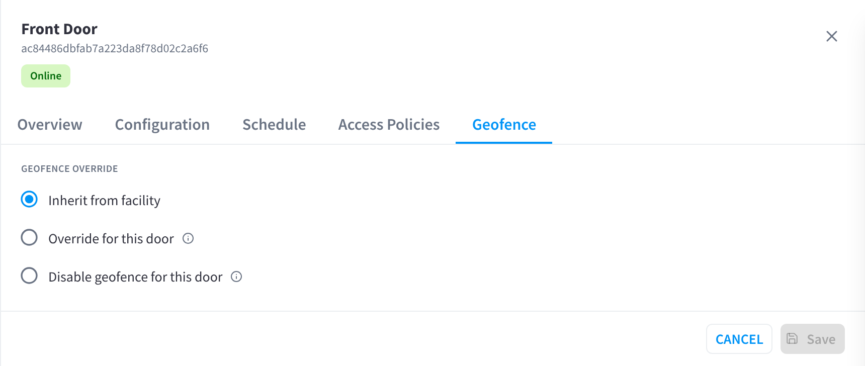 Geofence tab: inherit, override or disable the geofence for this door