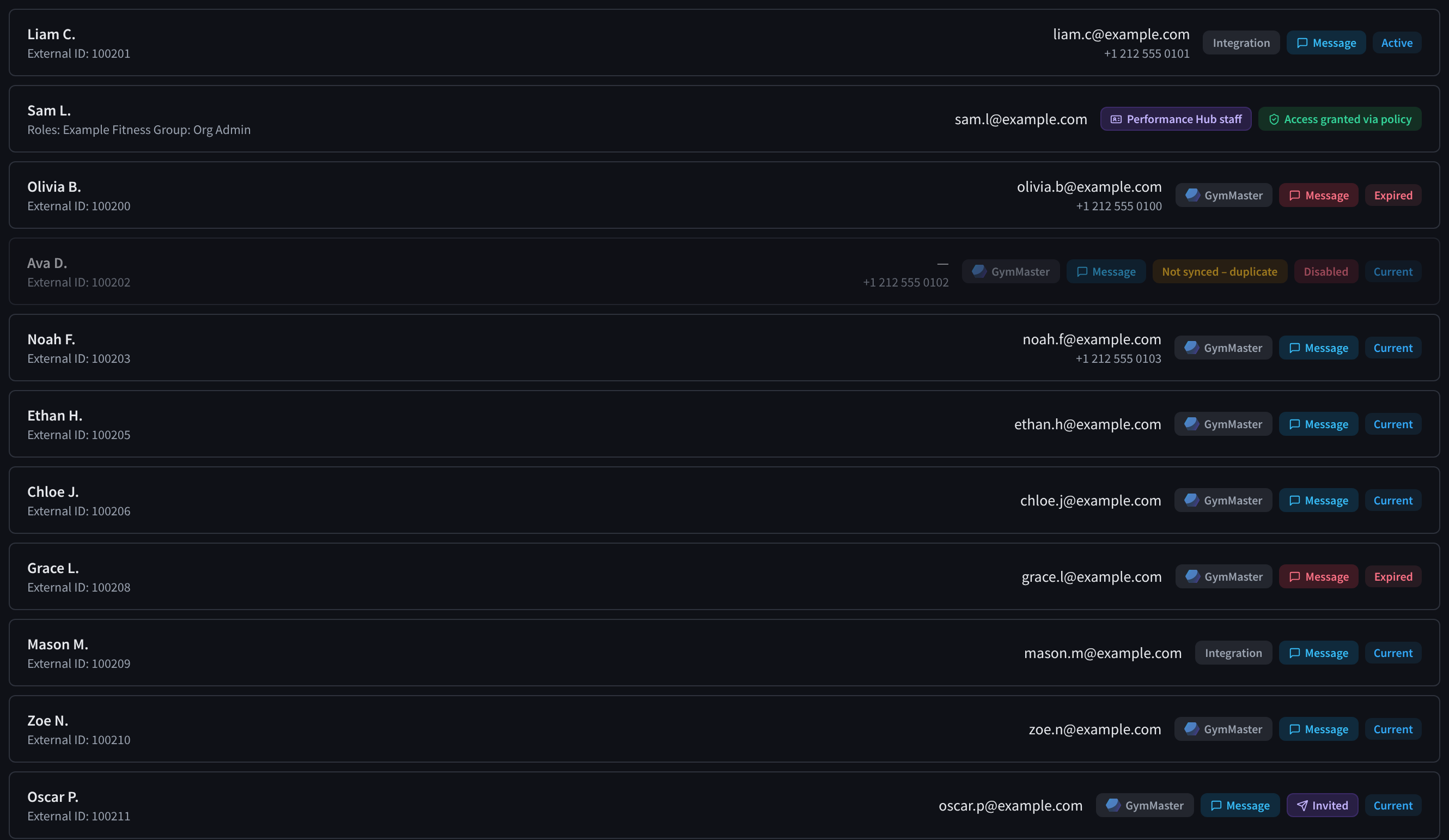 User rows with source, message, sync and membership chips
