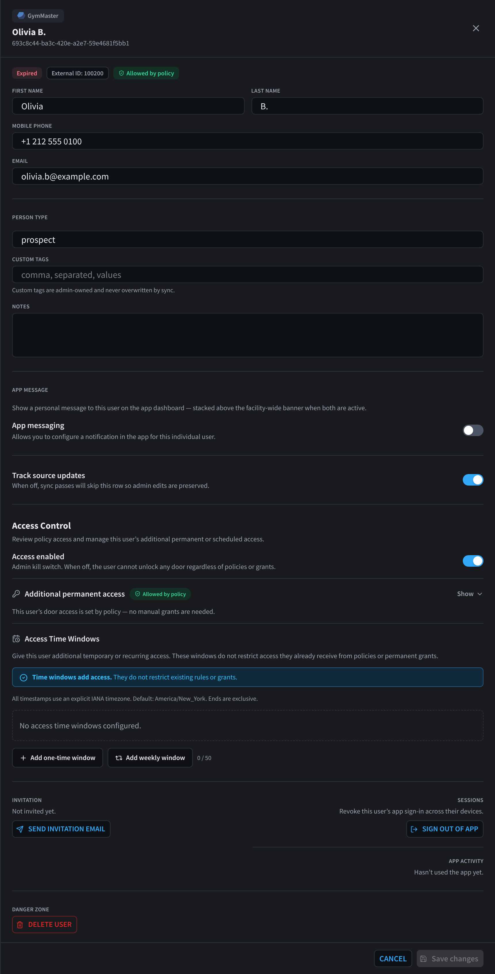 User drawer for a synced member: profile, messages, access control, invitation and source