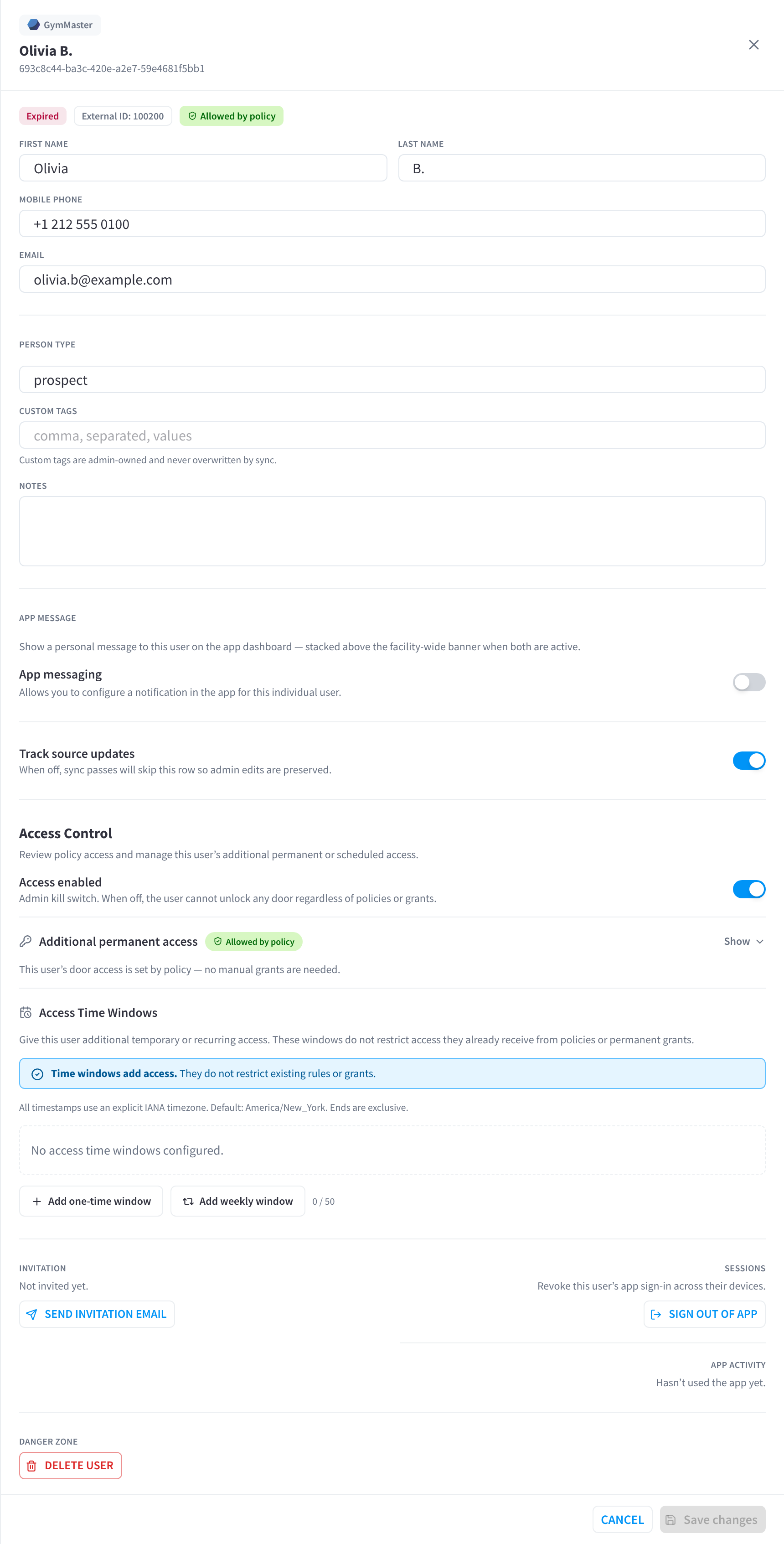 User drawer for a synced member: profile, messages, access control, invitation and source