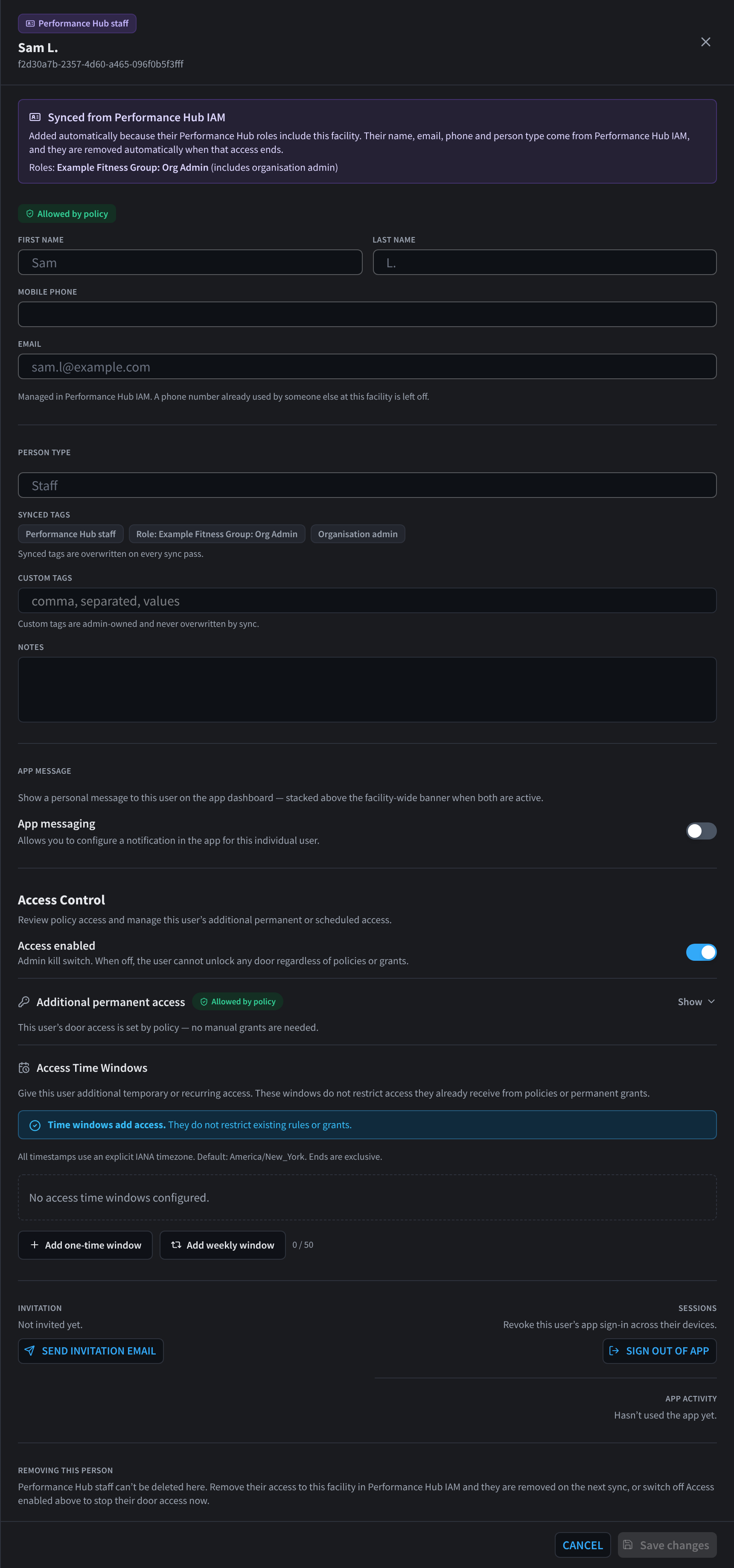 User drawer for a Performance Hub staff member synced from IAM