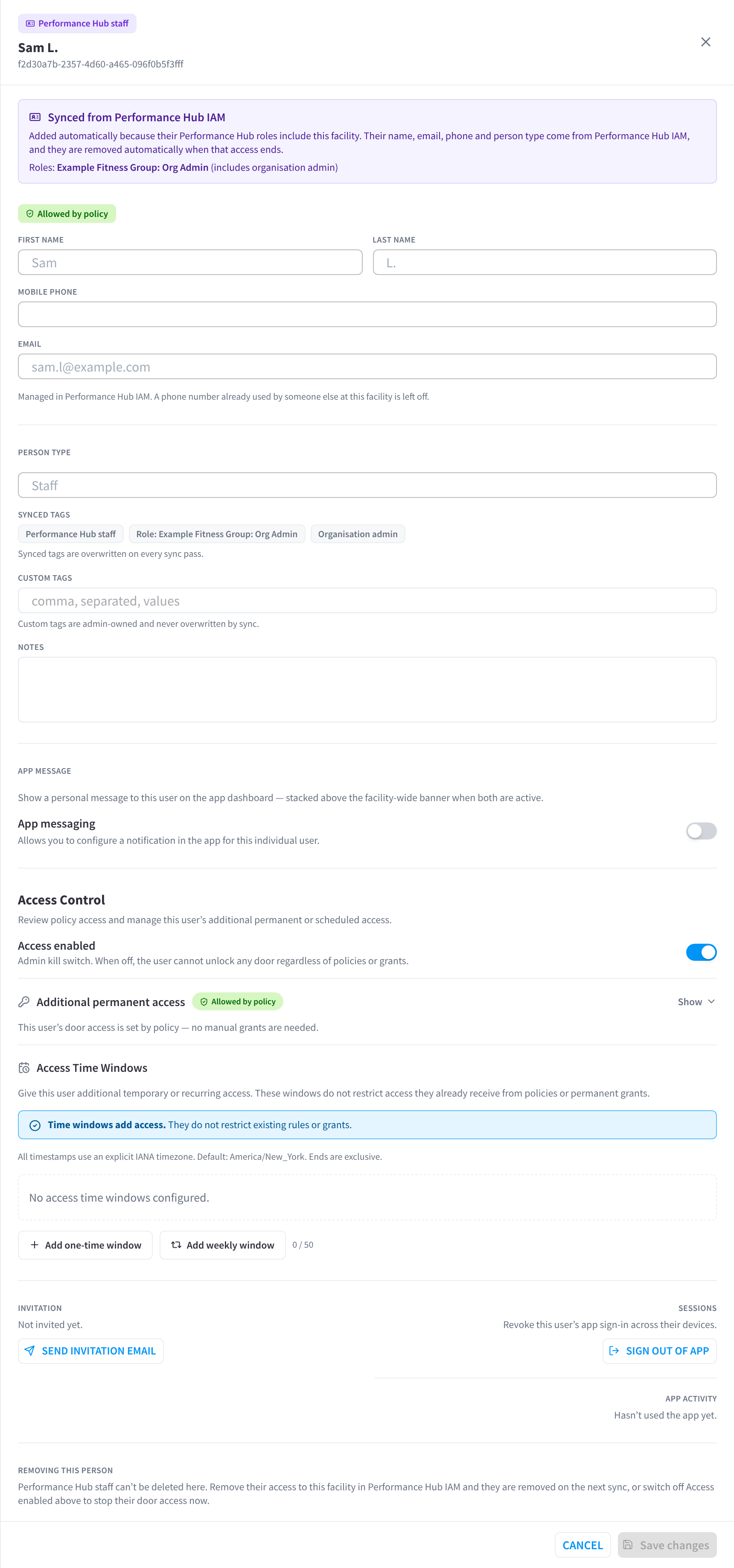 User drawer for a Performance Hub staff member synced from IAM