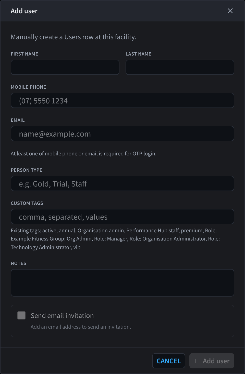 Add user dialog