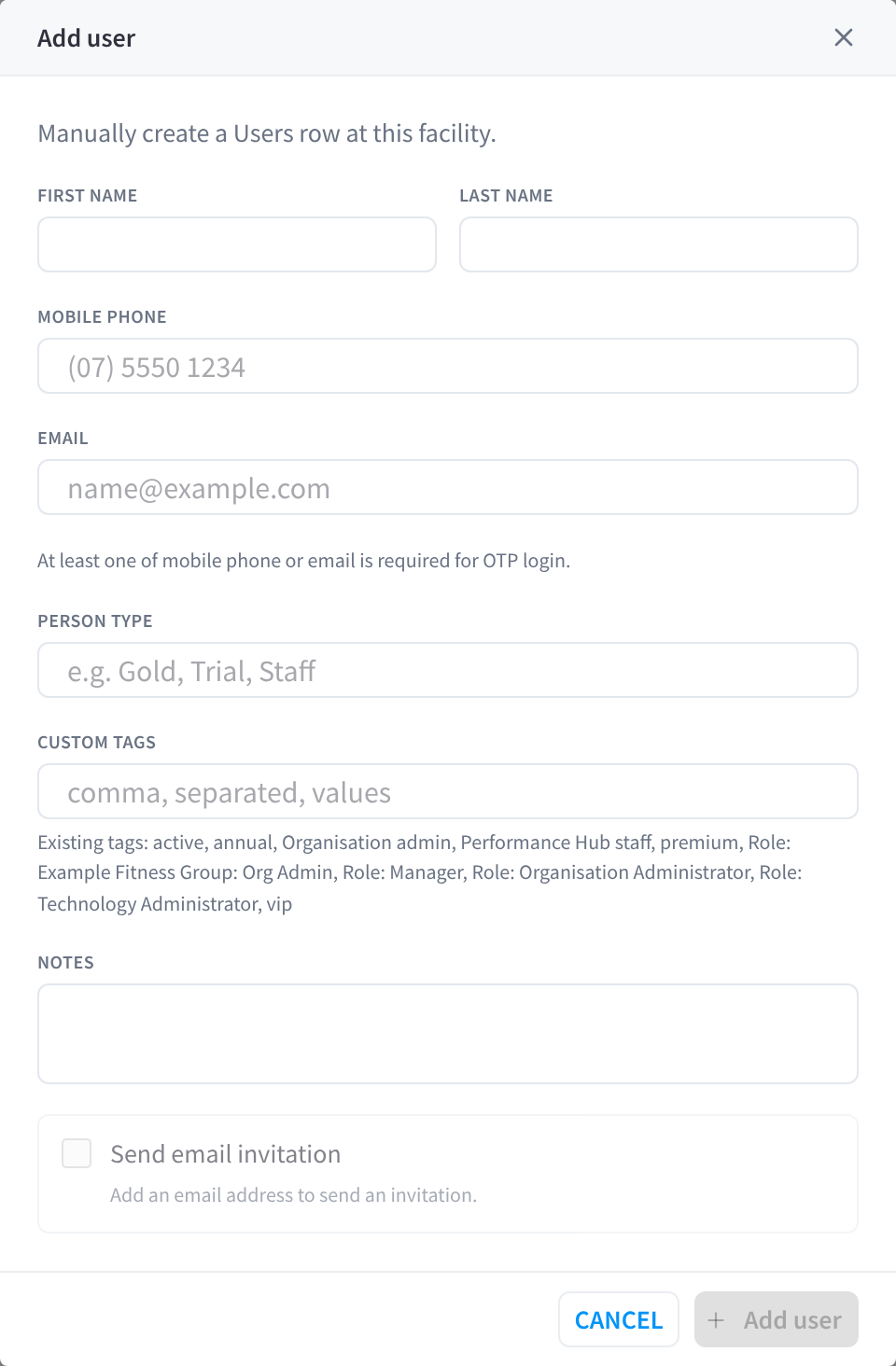 Add user dialog