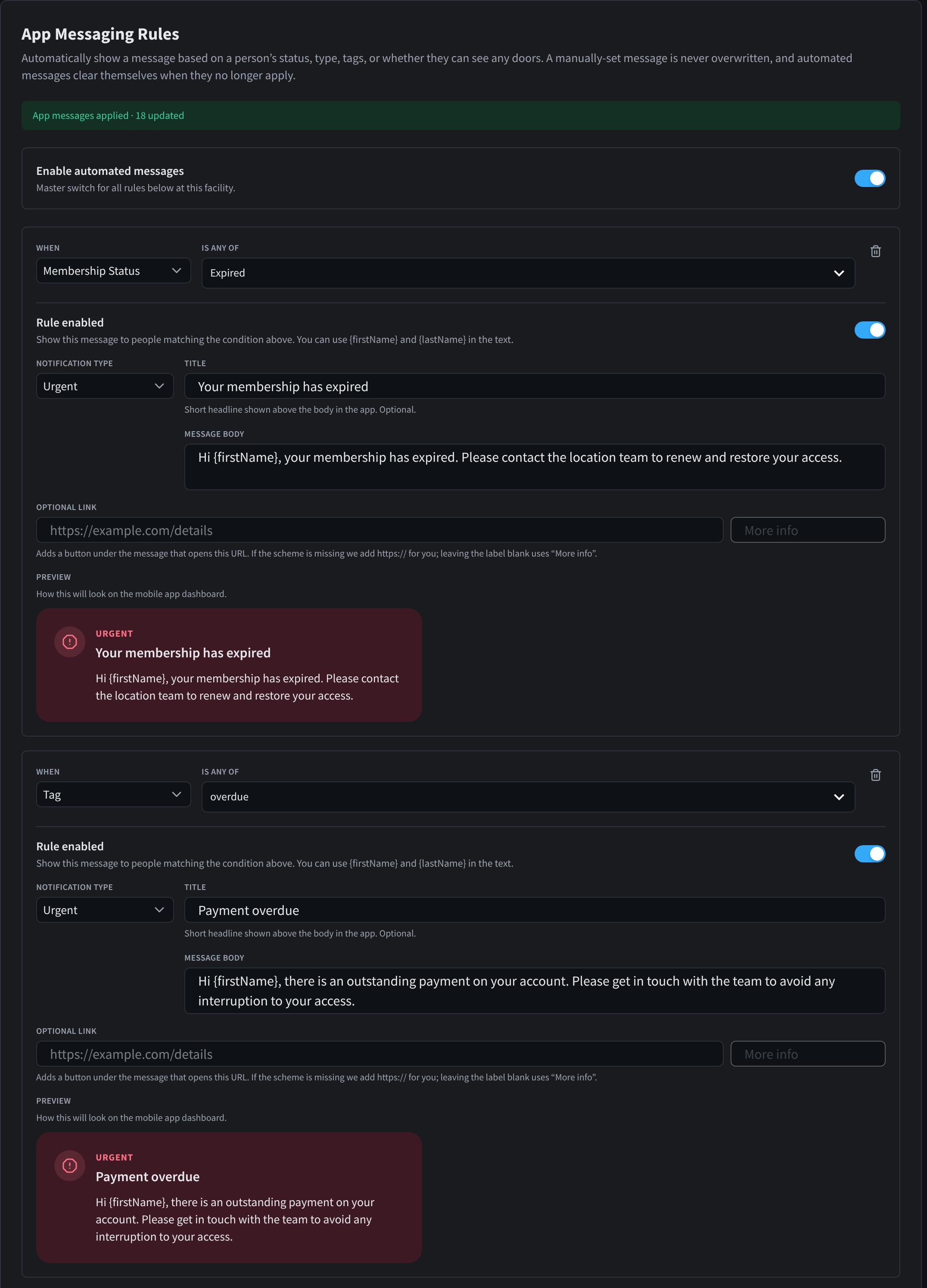 Settings, Automated Messages