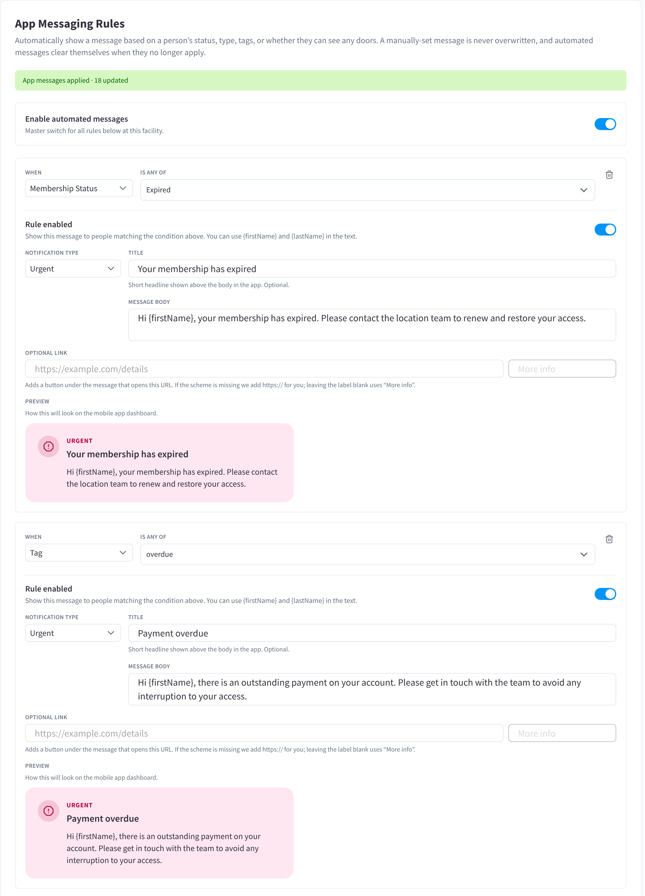 Settings, Automated Messages