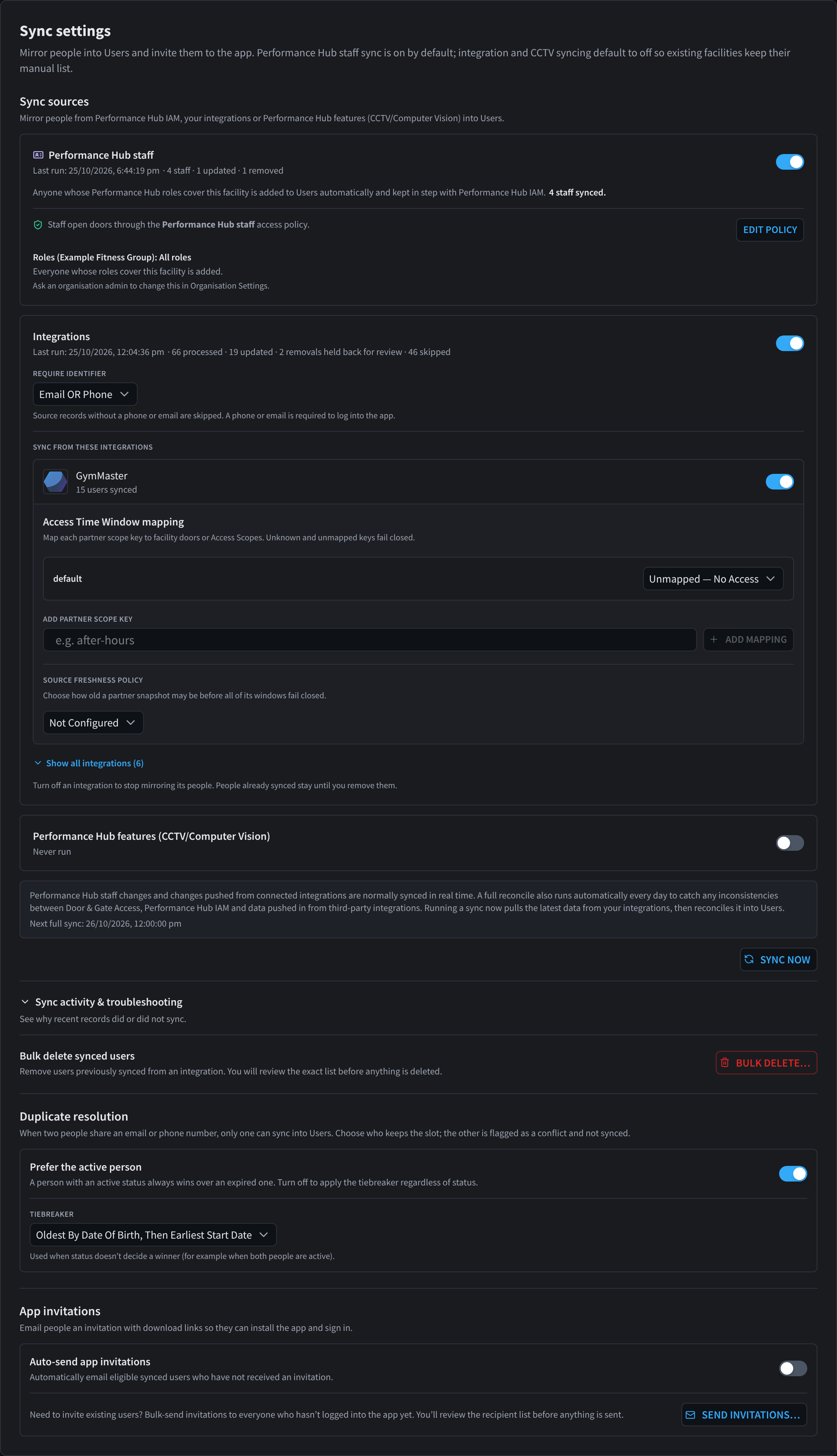 Sync settings: Performance Hub staff, Integrations and Performance Hub features sources, then sync schedule, duplicate resolution and app invitations