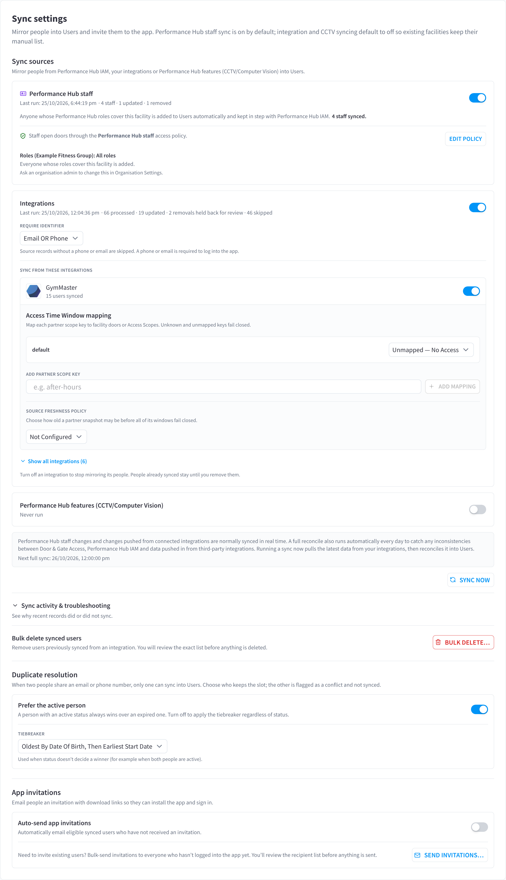 Sync settings: Performance Hub staff, Integrations and Performance Hub features sources, then sync schedule, duplicate resolution and app invitations
