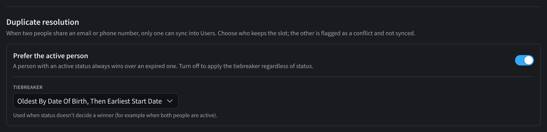 Duplicate resolution: prefer the active person, then a tiebreaker