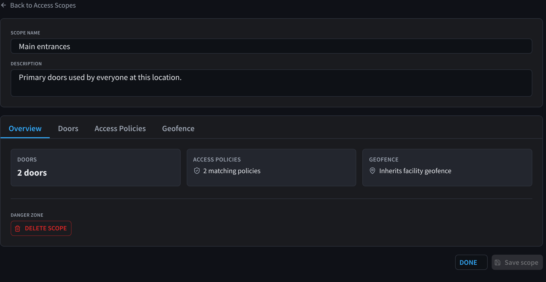 Access scope editor Overview tab: name, description, door, policy and geofence summary
