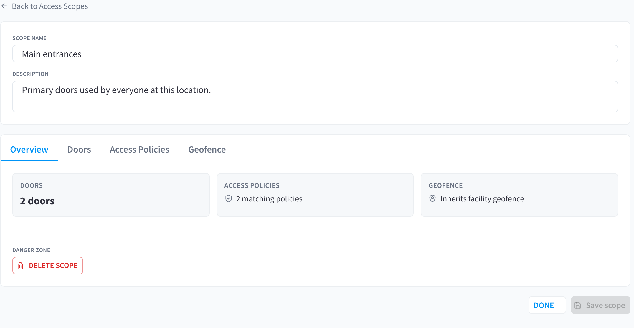 Access scope editor Overview tab: name, description, door, policy and geofence summary