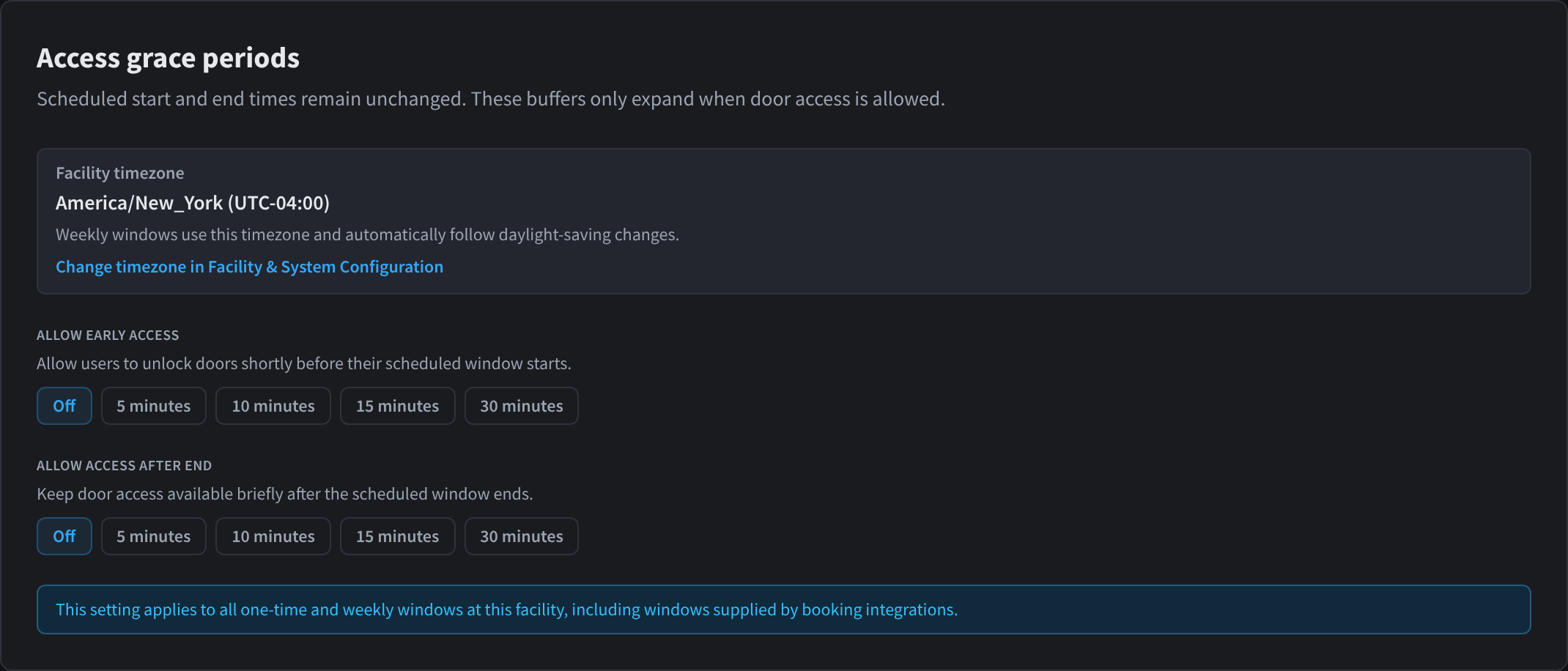 Settings, Access Time Windows: grace periods and facility timezone
