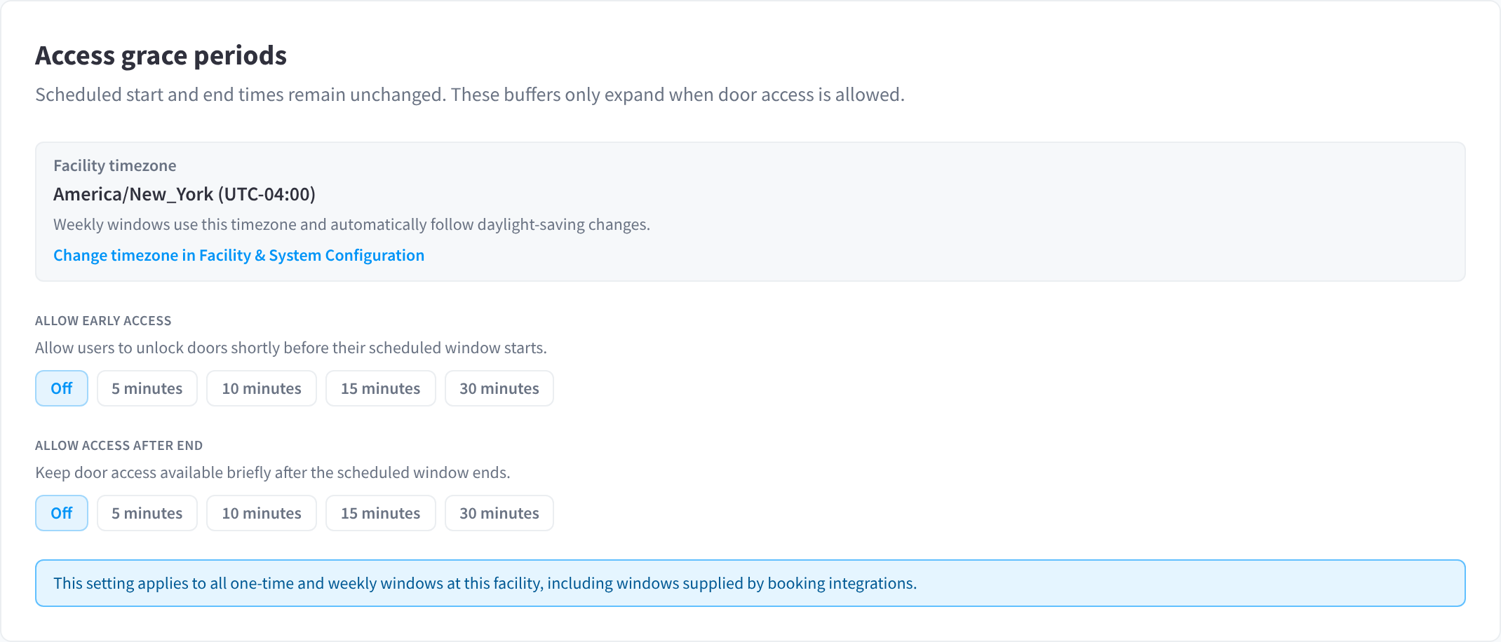 Settings, Access Time Windows: grace periods and facility timezone