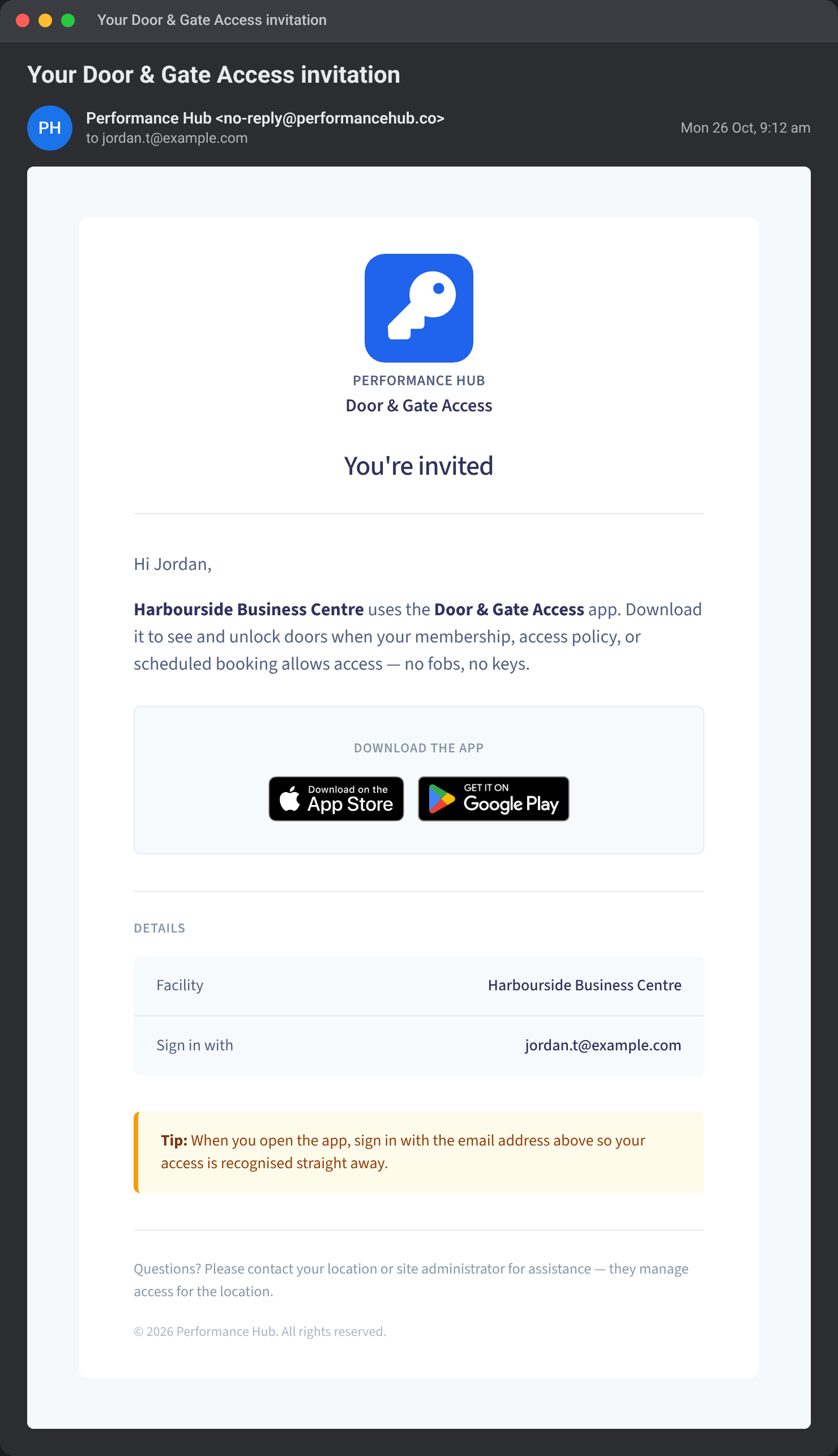 An example Door & Gate Access invitation email to jordan.t@example.com, for Harbourside Business Centre, with App Store and Google Play download buttons