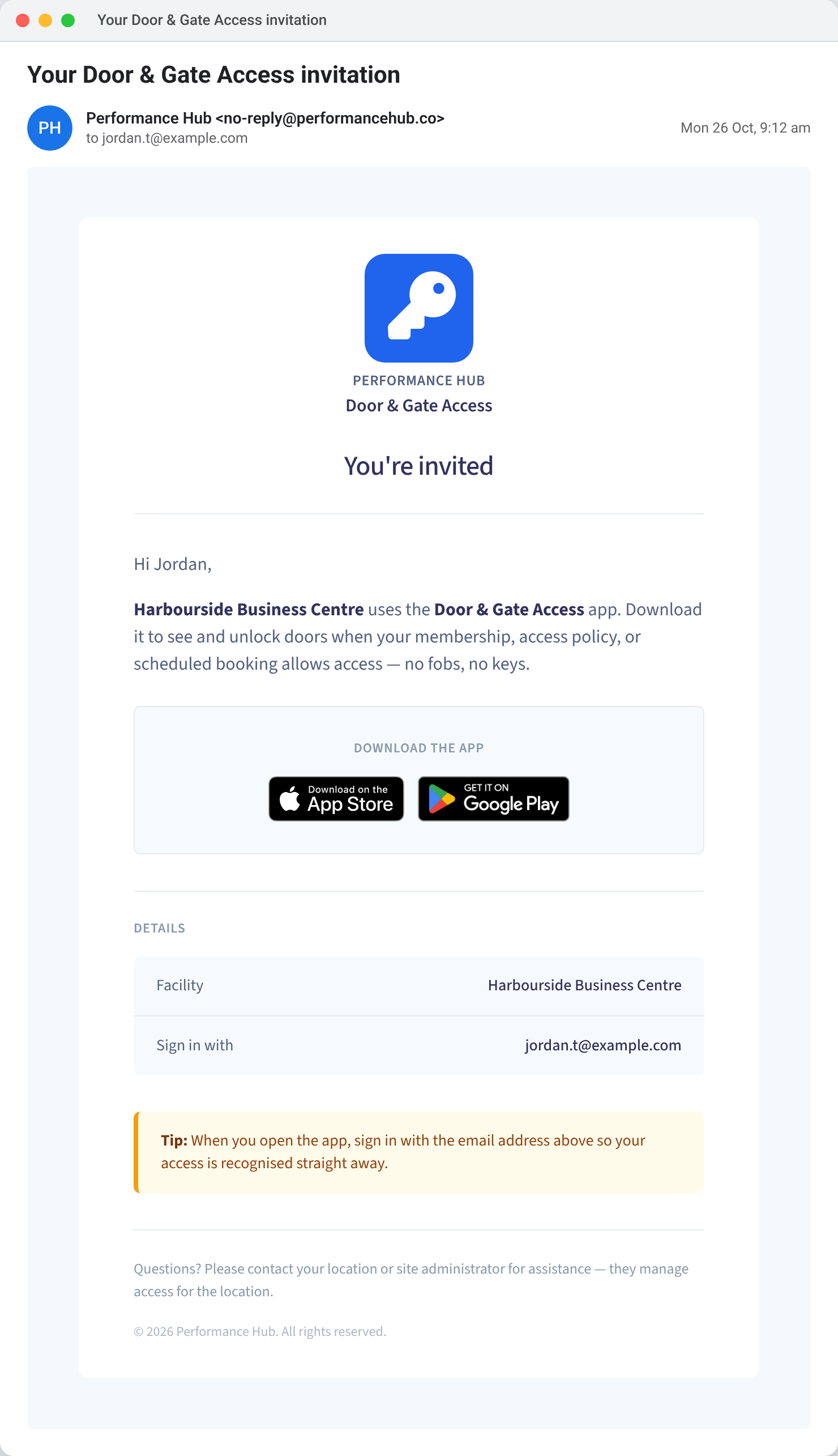 An example Door & Gate Access invitation email to jordan.t@example.com, for Harbourside Business Centre, with App Store and Google Play download buttons