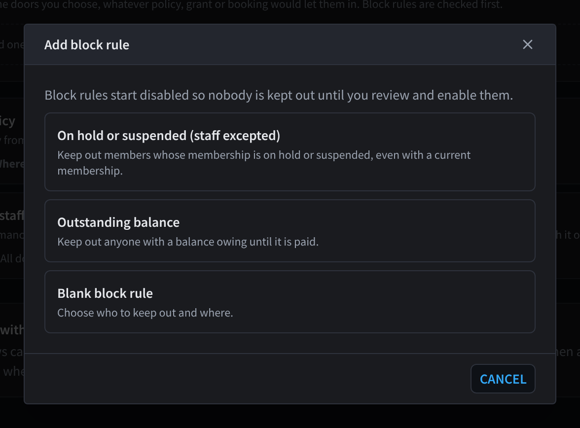 The Add block rule dialog with the On hold or suspended (staff excepted), Outstanding balance and Blank block rule starting points