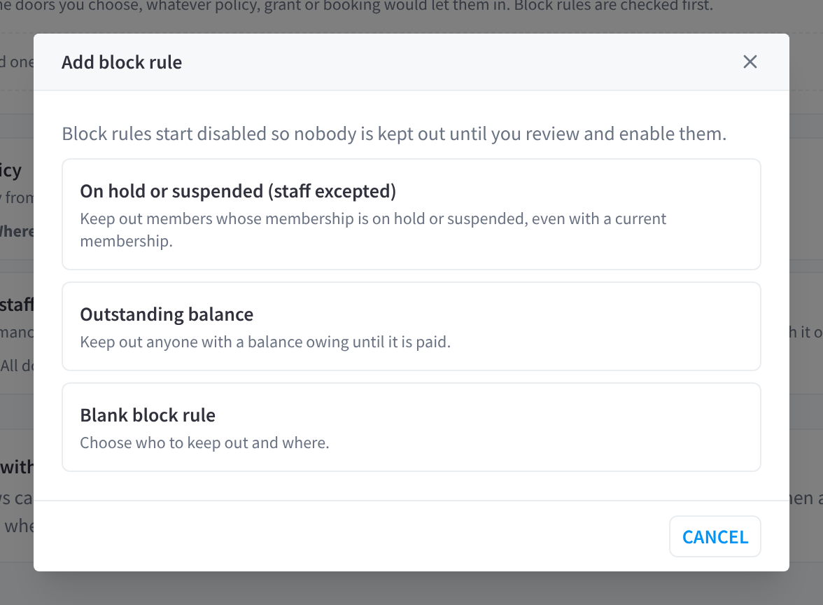 The Add block rule dialog with the On hold or suspended (staff excepted), Outstanding balance and Blank block rule starting points