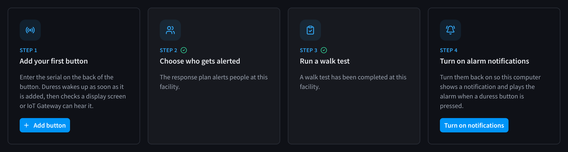 Four setup steps: Add your first button with an Add button control, Choose who gets alerted and Run a walk test marked complete, and Turn on alarm notifications with a Turn on notifications control