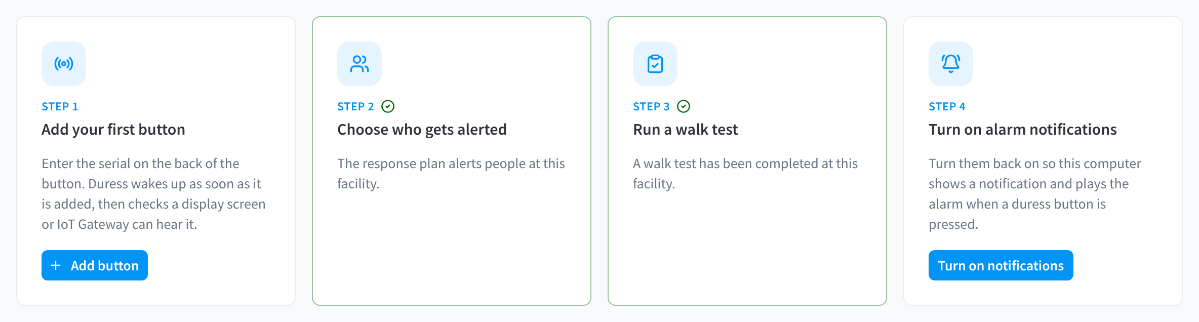 Four setup steps: Add your first button with an Add button control, Choose who gets alerted and Run a walk test marked complete, and Turn on alarm notifications with a Turn on notifications control