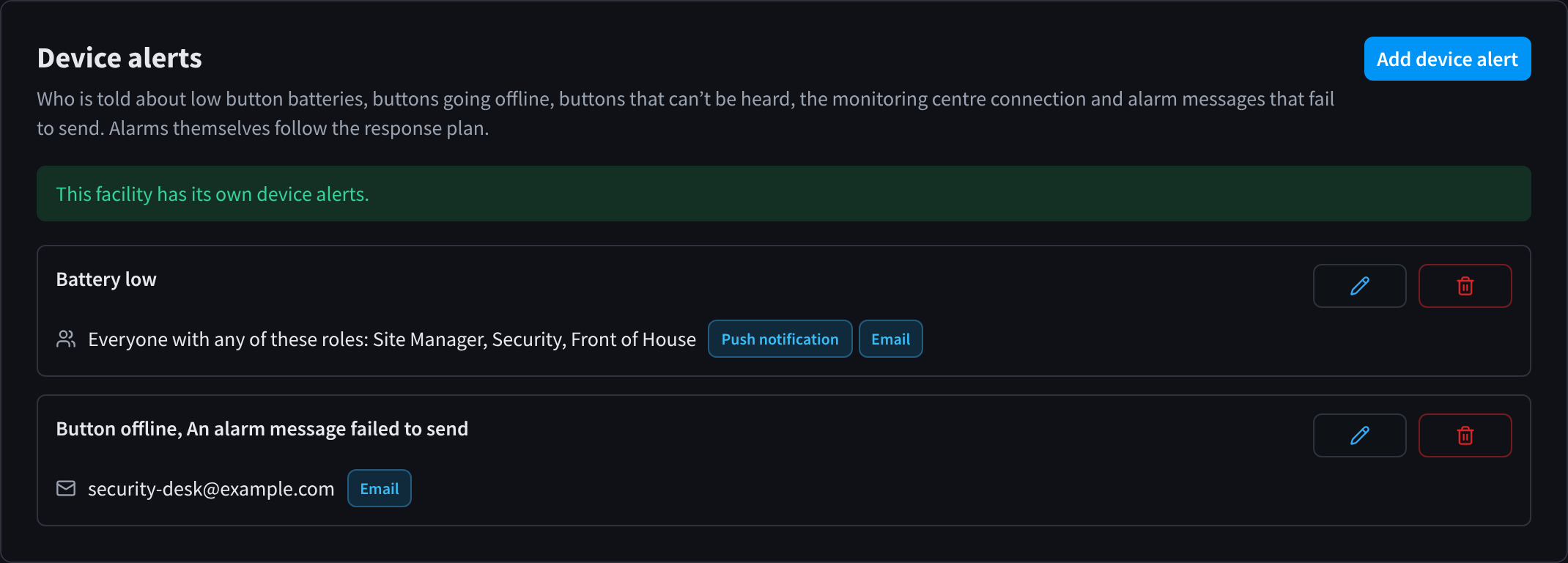 Device alerts with two rules: Battery low to three roles by push notification and email, and Button offline and An alarm message failed to send to an email address