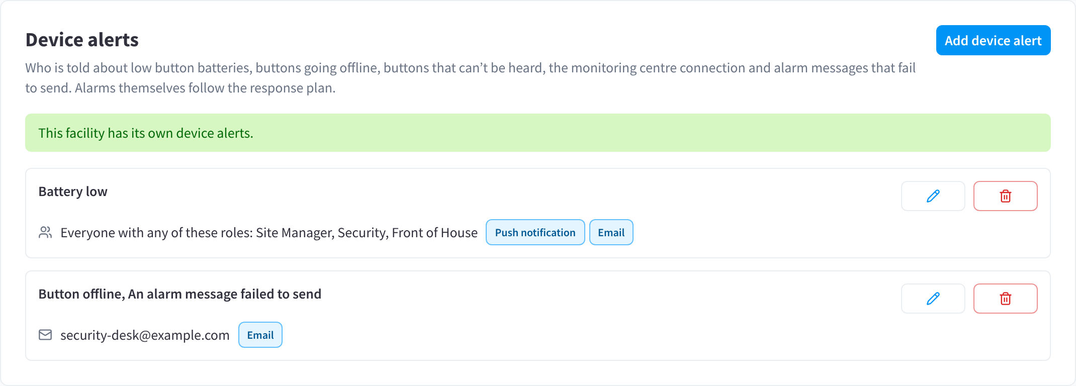 Device alerts with two rules: Battery low to three roles by push notification and email, and Button offline and An alarm message failed to send to an email address