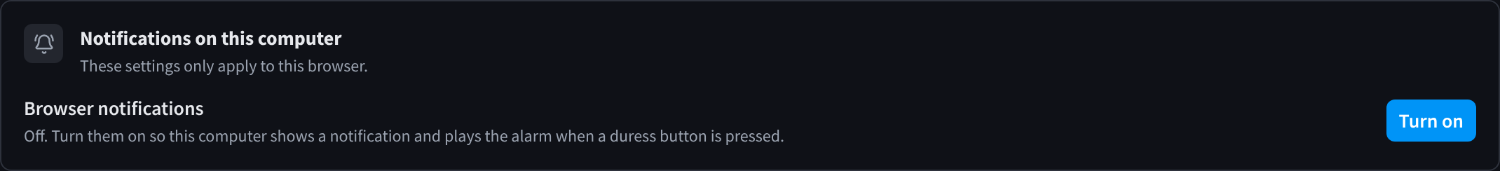 Notifications on this computer, with Browser notifications off and a Turn on button