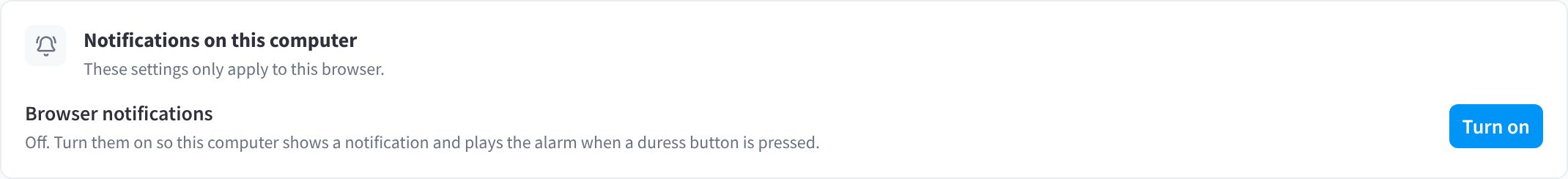 Notifications on this computer, with Browser notifications off and a Turn on button