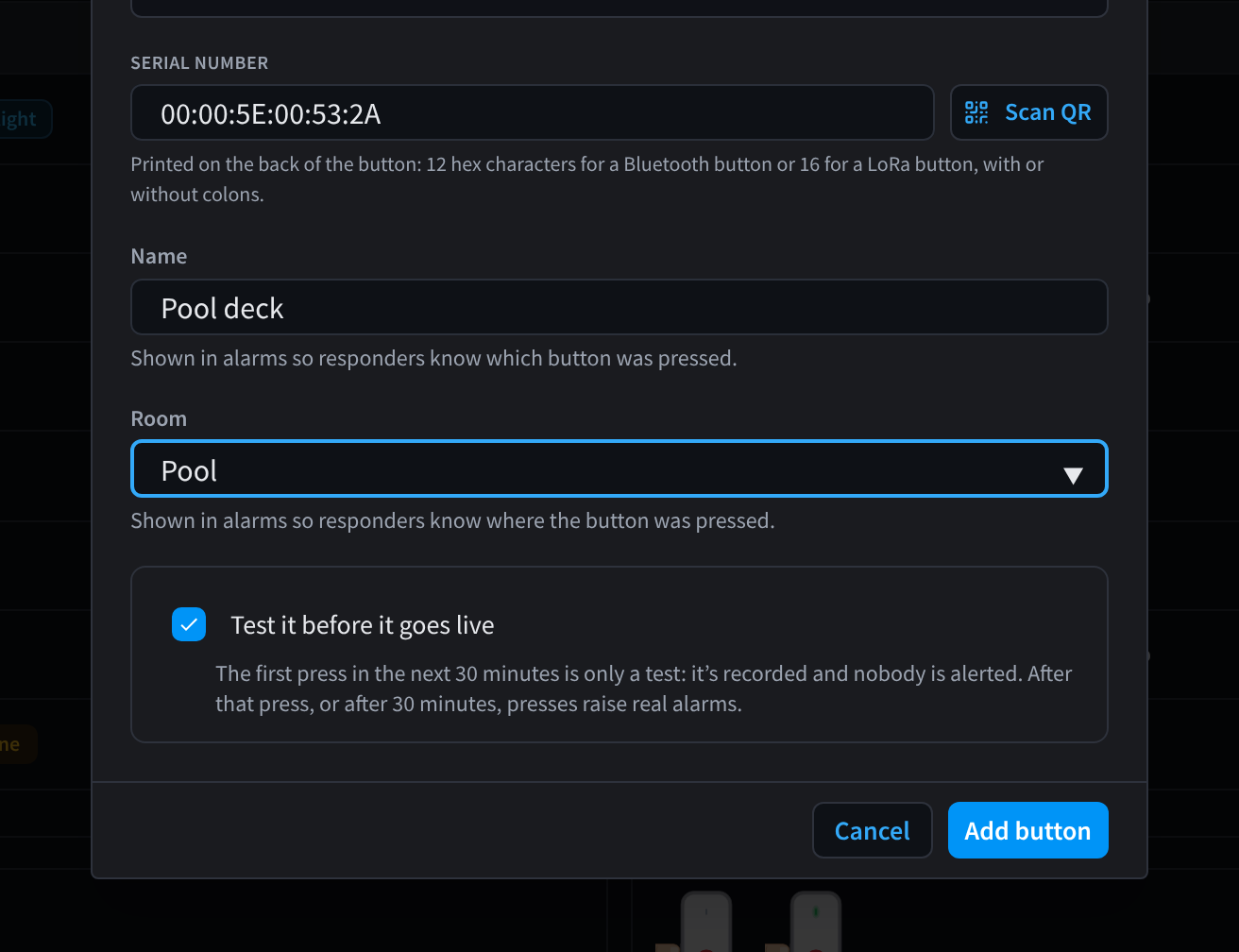 خطوة Button في مربع حوار إضافة الزر: الحقول Serial number وName وRoom مملوءة، وخيار Test it before it goes live محدد، مع Cancel وAdd button.