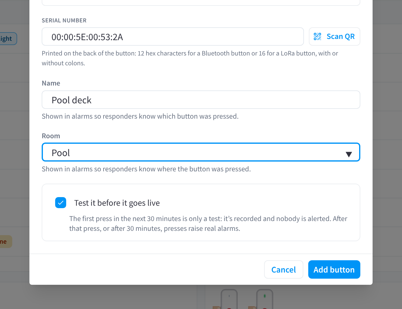 خطوة Button في مربع حوار إضافة الزر: الحقول Serial number وName وRoom مملوءة، وخيار Test it before it goes live محدد، مع Cancel وAdd button.