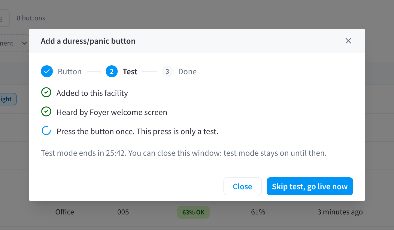 خطوة Test: أُضيف إلى هذه المنشأة، والتقطه Display Screen Player، وبانتظار ضغطة اختبار، مع العد التنازلي لوضع الاختبار وزر Skip test, go live now.