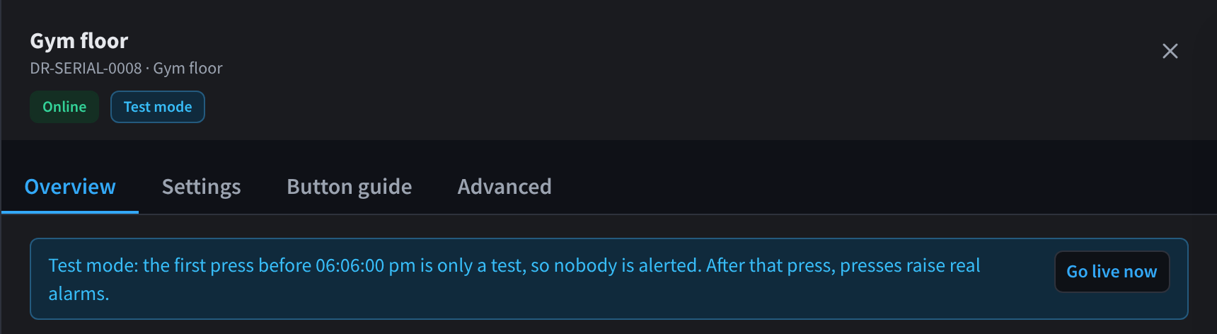 تفاصيل زر مع شارة Test mode ورسالة وضع الاختبار وزر Go live now.