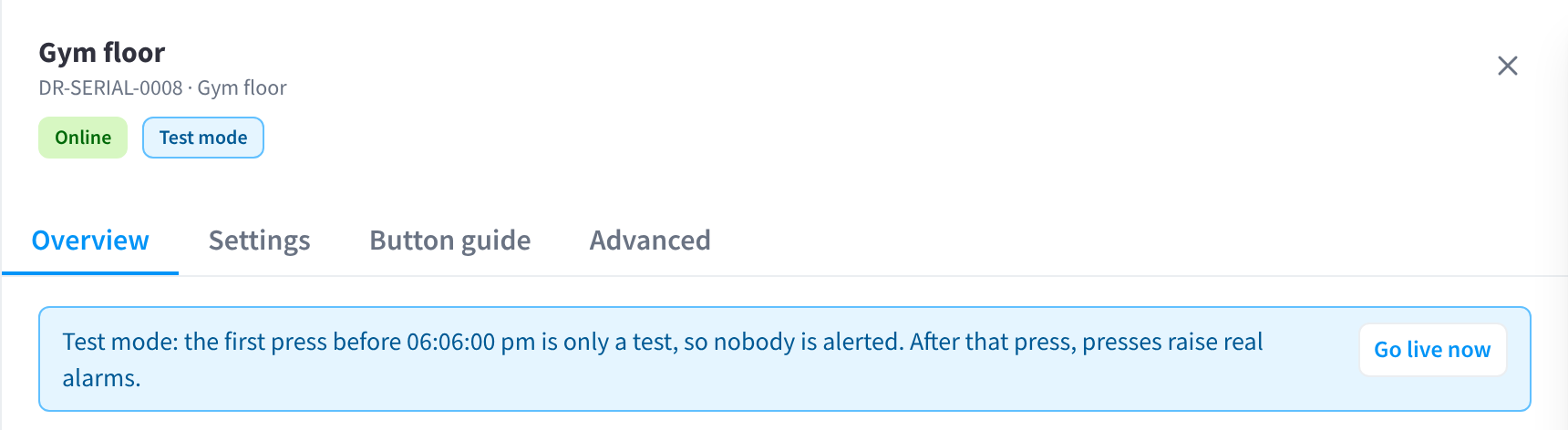 تفاصيل زر مع شارة Test mode ورسالة وضع الاختبار وزر Go live now.