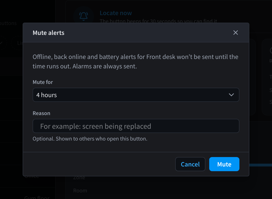 Okno dialogowe Mute alerts z polem Mute for ustawionym na 4 godziny, opcjonalnym polem Reason oraz przyciskami Cancel i Mute.