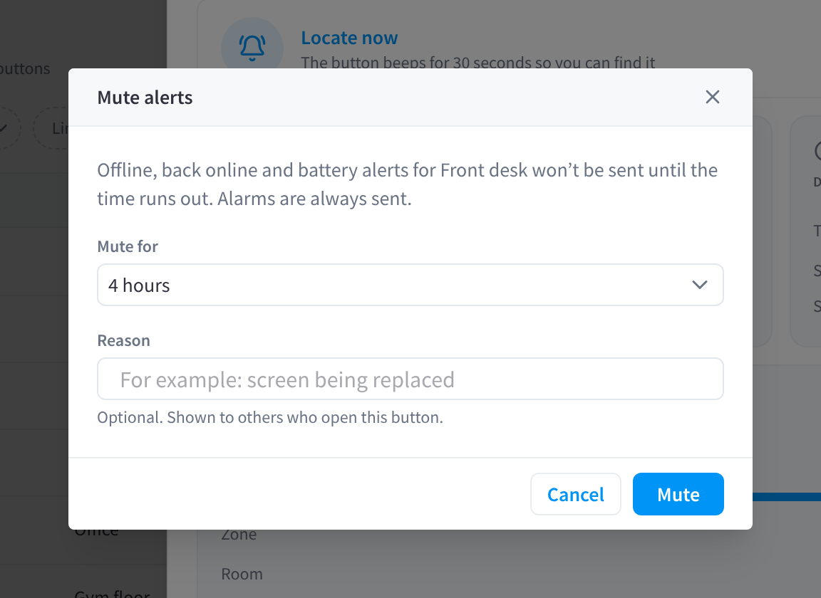Okno dialogowe Mute alerts z polem Mute for ustawionym na 4 godziny, opcjonalnym polem Reason oraz przyciskami Cancel i Mute.